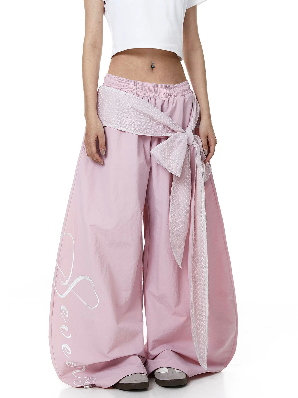 Brick Lane Curved Cut Lace Bow Wide Leg Pants - Pink
