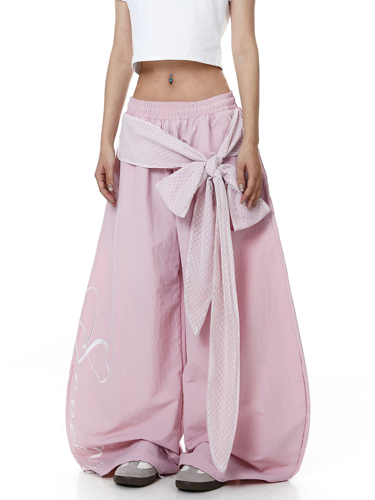 Brick Lane Curved Cut Lace Bow Wide Leg Pants - Pink