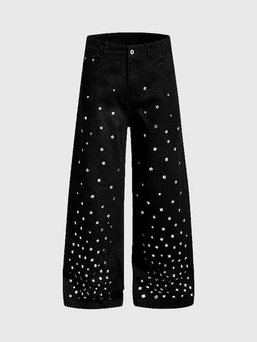 Brick Lane Straight Rhinestone Studded Casual Pants - Black