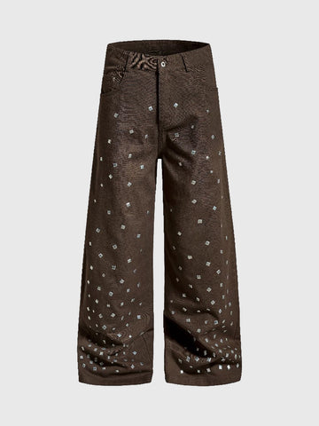 Brick Lane Straight Rhinestone Studded Casual Pants - Brown