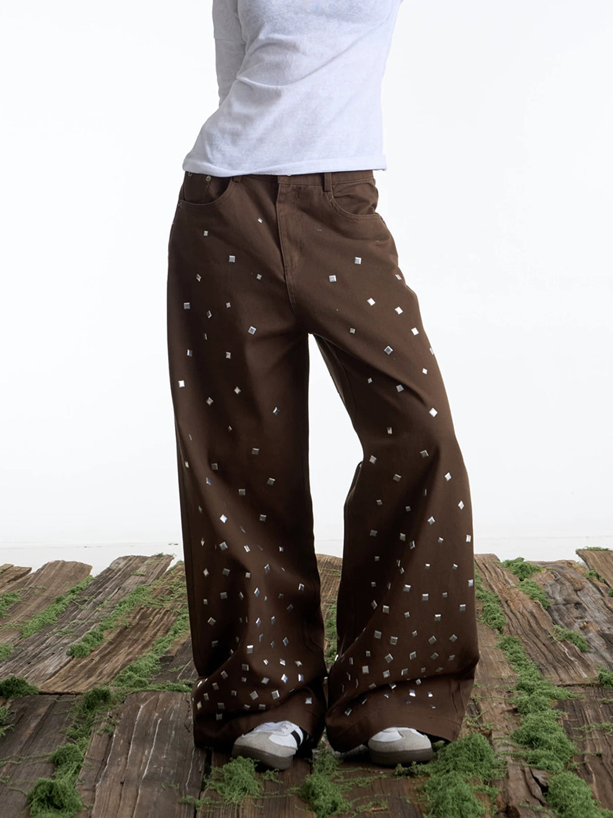Brick Lane Straight Rhinestone Studded Casual Pants - Brown