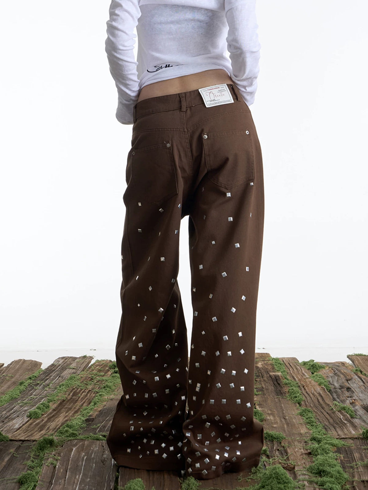 Brick Lane Straight Rhinestone Studded Casual Pants - Brown