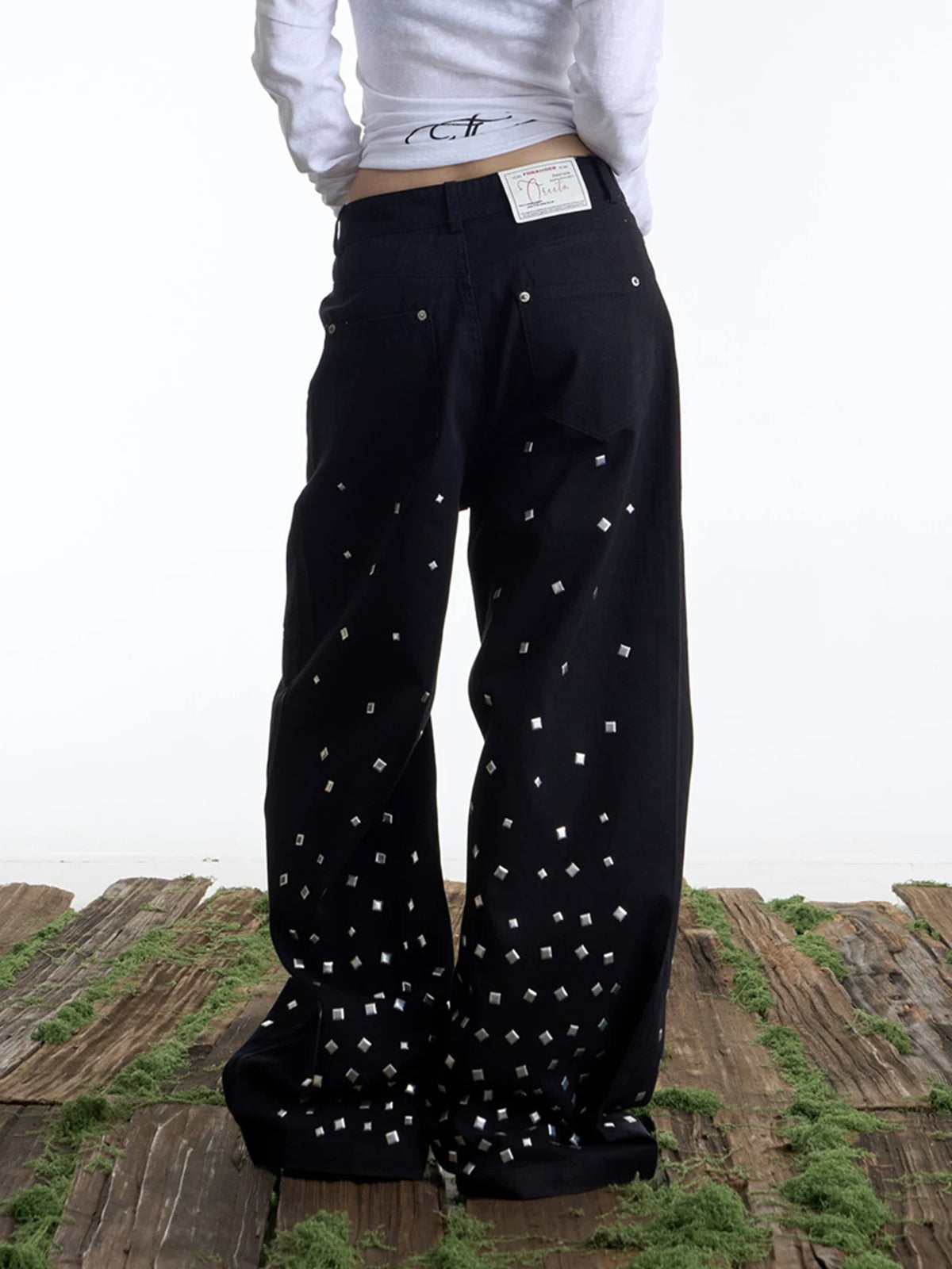 Brick Lane Straight Rhinestone Studded Casual Pants - Black