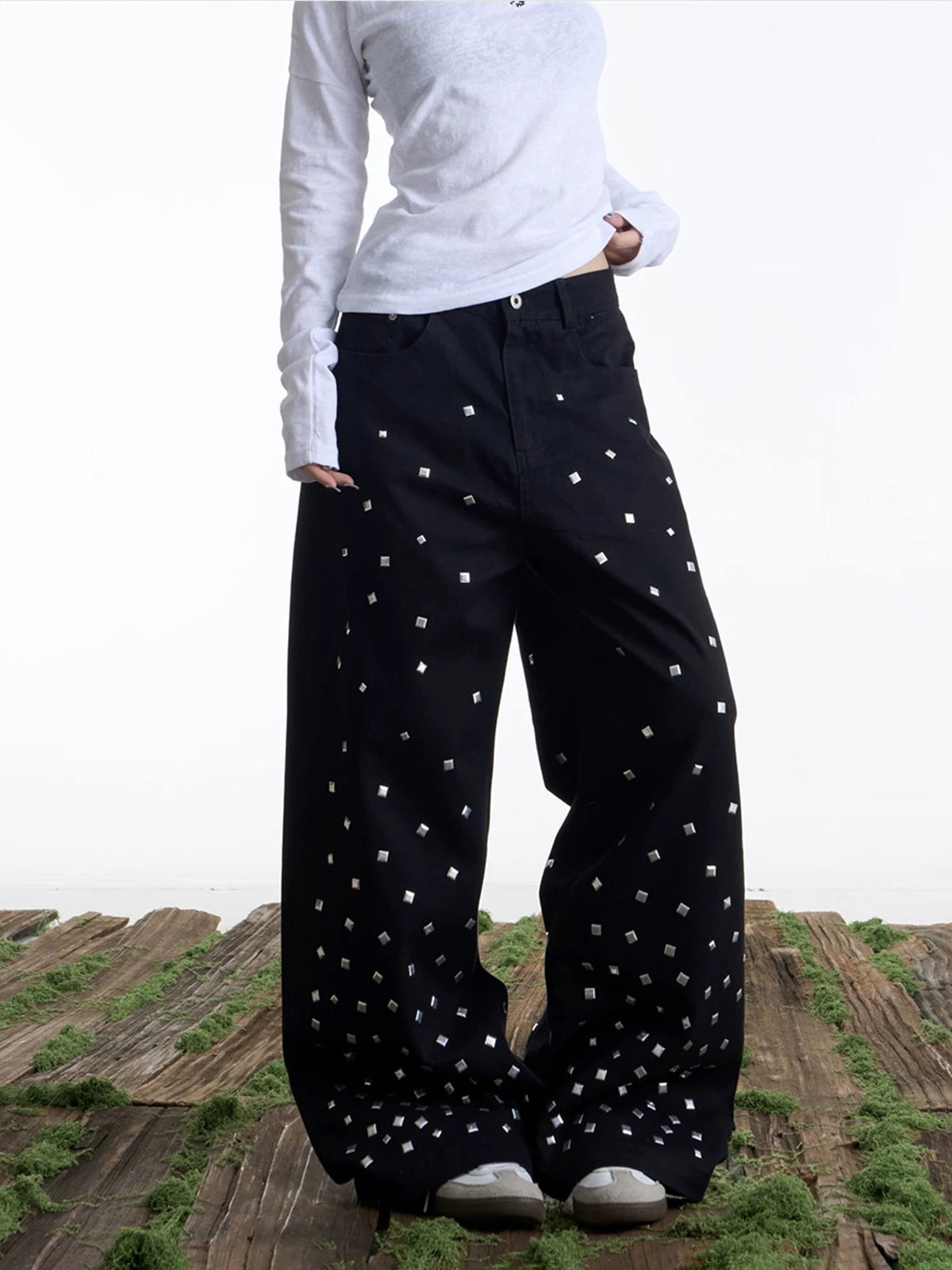 Brick Lane Straight Rhinestone Studded Casual Pants - Black
