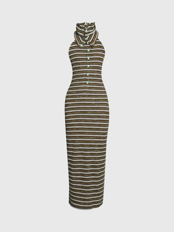 Brick Lane Skimming Stripe Halter Maxi Dress - Brown