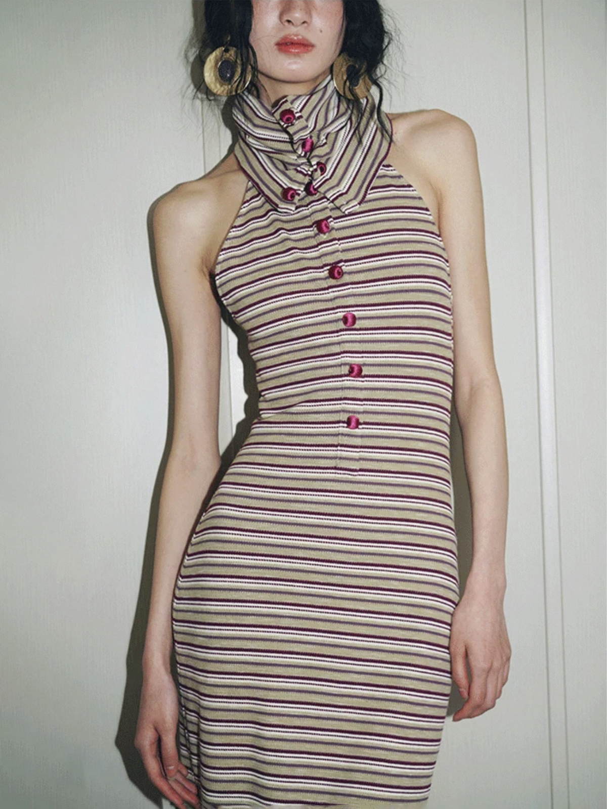Brick Lane Skimming Stripe Cowl Neck Midi Dress - Red