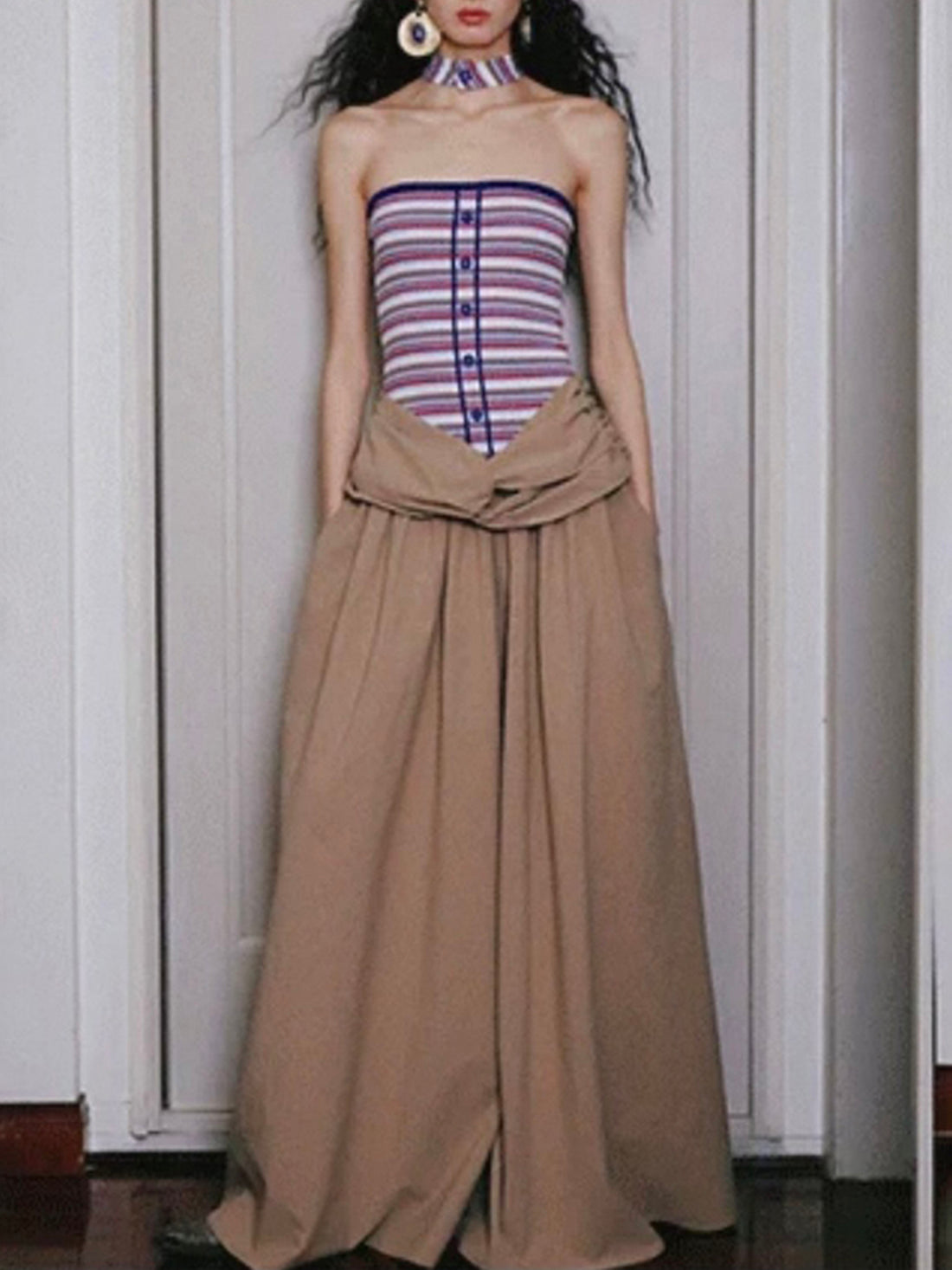 Brick Lane Skimming Stripe Patchwork Maxi Dress - Khaki