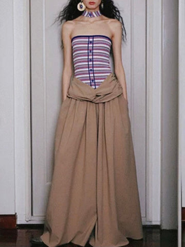 Brick Lane Skimming Stripe Patchwork Maxi Dress - Khaki