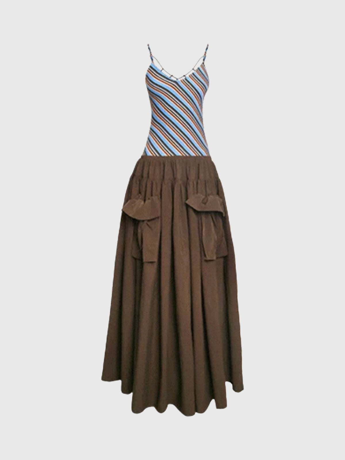 Brick Lane Skimming Stripe Patchwork Maxi Dress - Coffee
