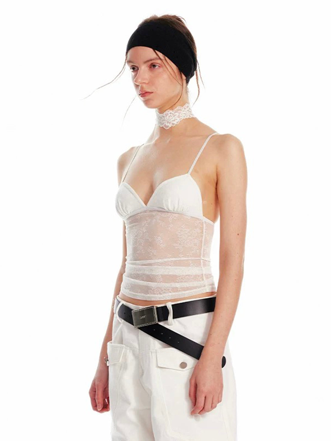 Dolled Office Skimming Mesh Lace Cami Top - White