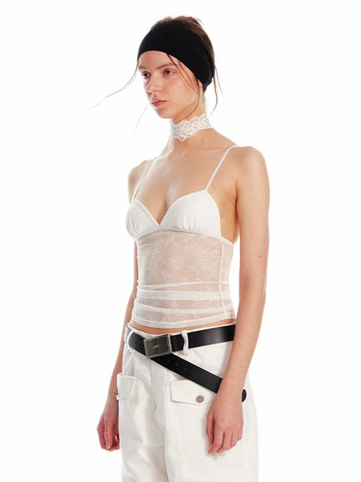 Dolled Office Skimming Mesh Lace Cami Top - White