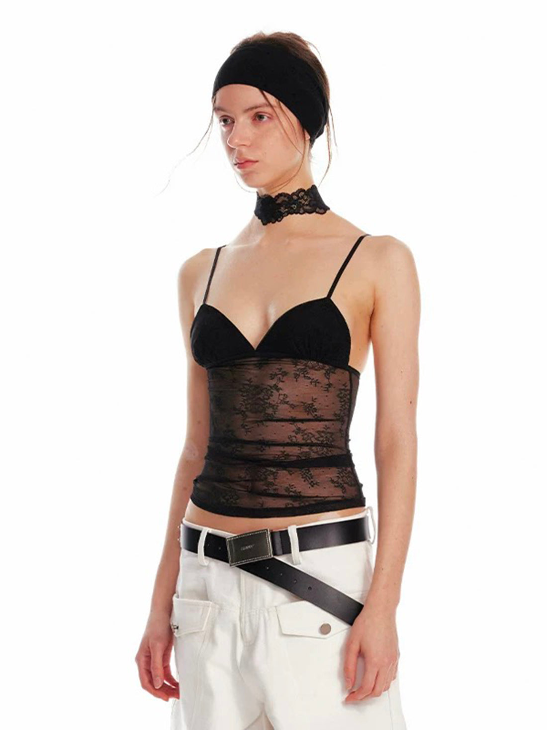 Dolled Office Skimming Mesh Lace Cami Top - Black