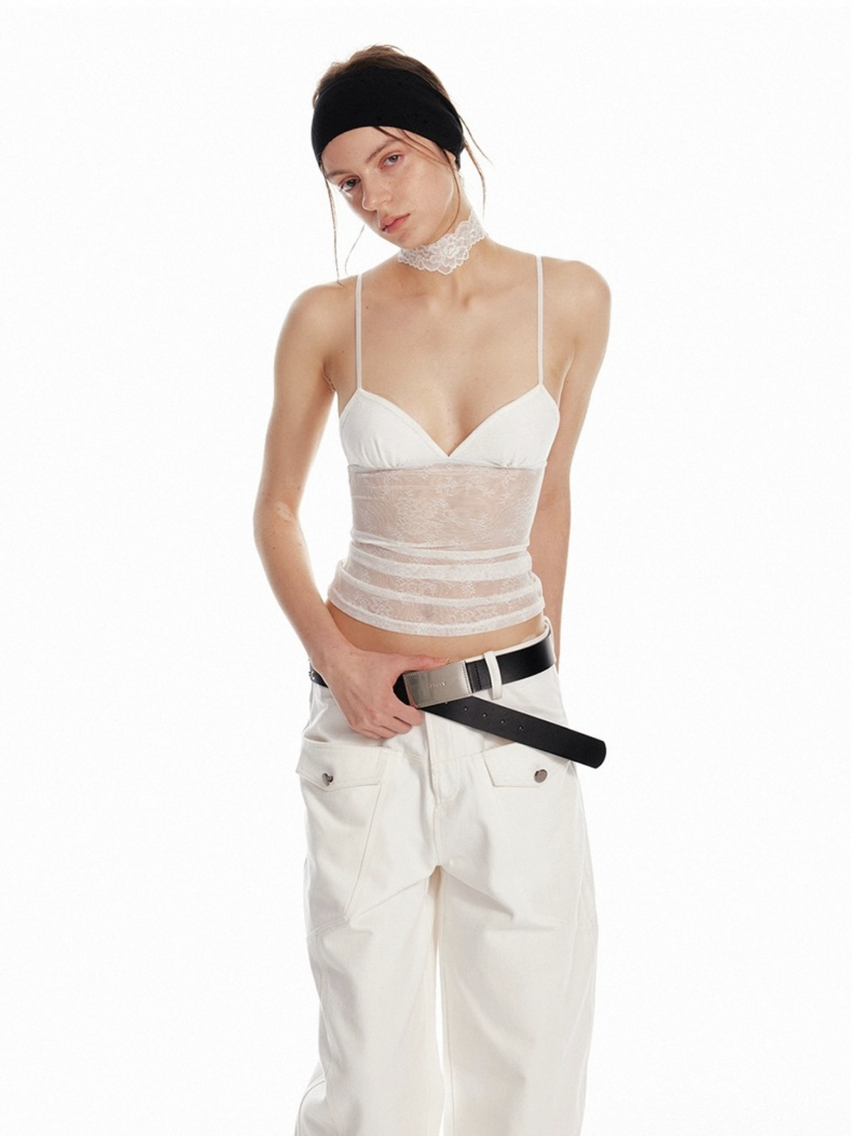 Dolled Office Skimming Mesh Lace Cami Top - White