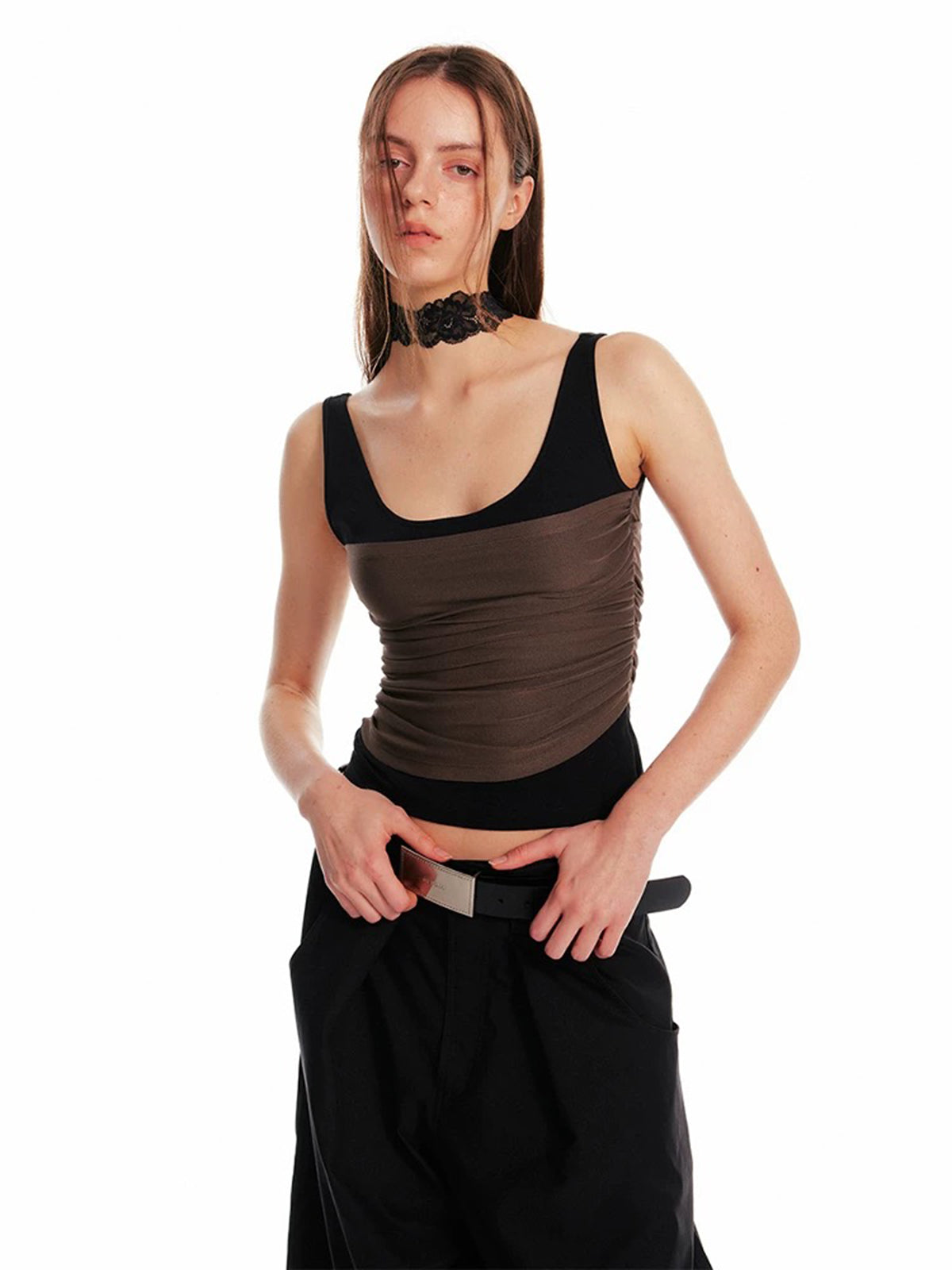 Dolled Office Layered-look Contrast Color Tank - Brown/Black
