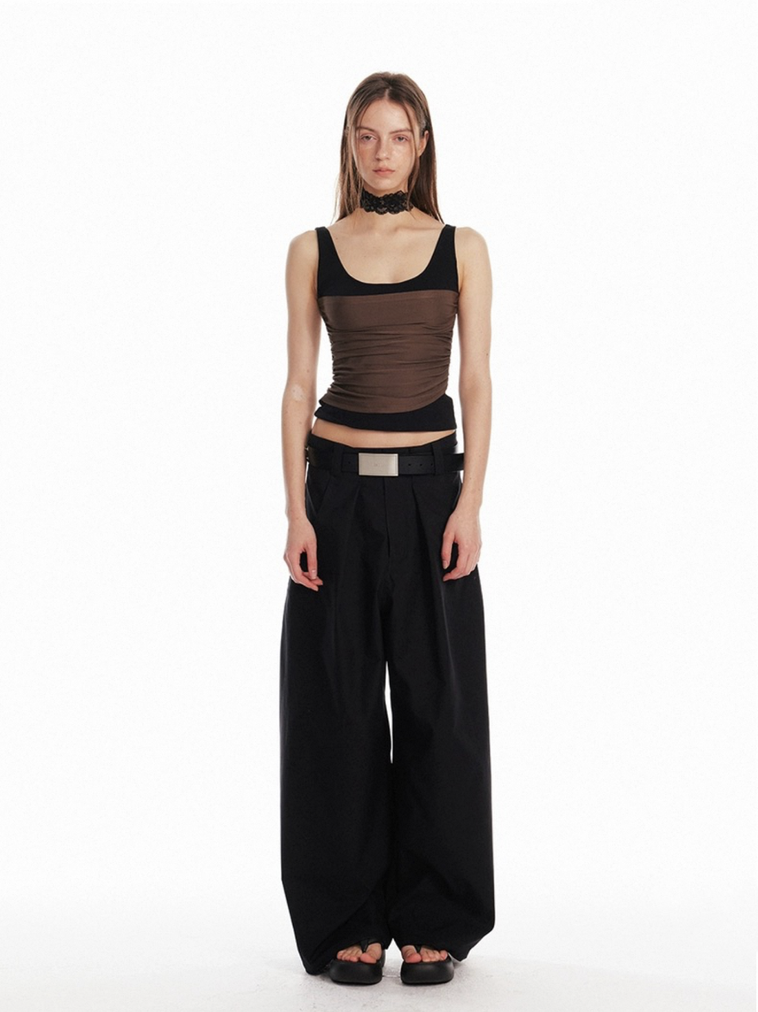 Dolled Office Layered-look Contrast Color Tank - Brown/Black