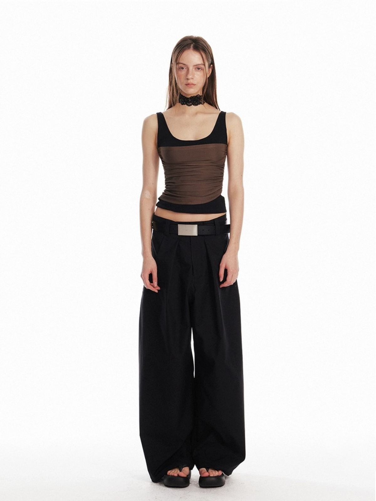 Dolled Office Layered-look Contrast Color Tank - Brown/Black