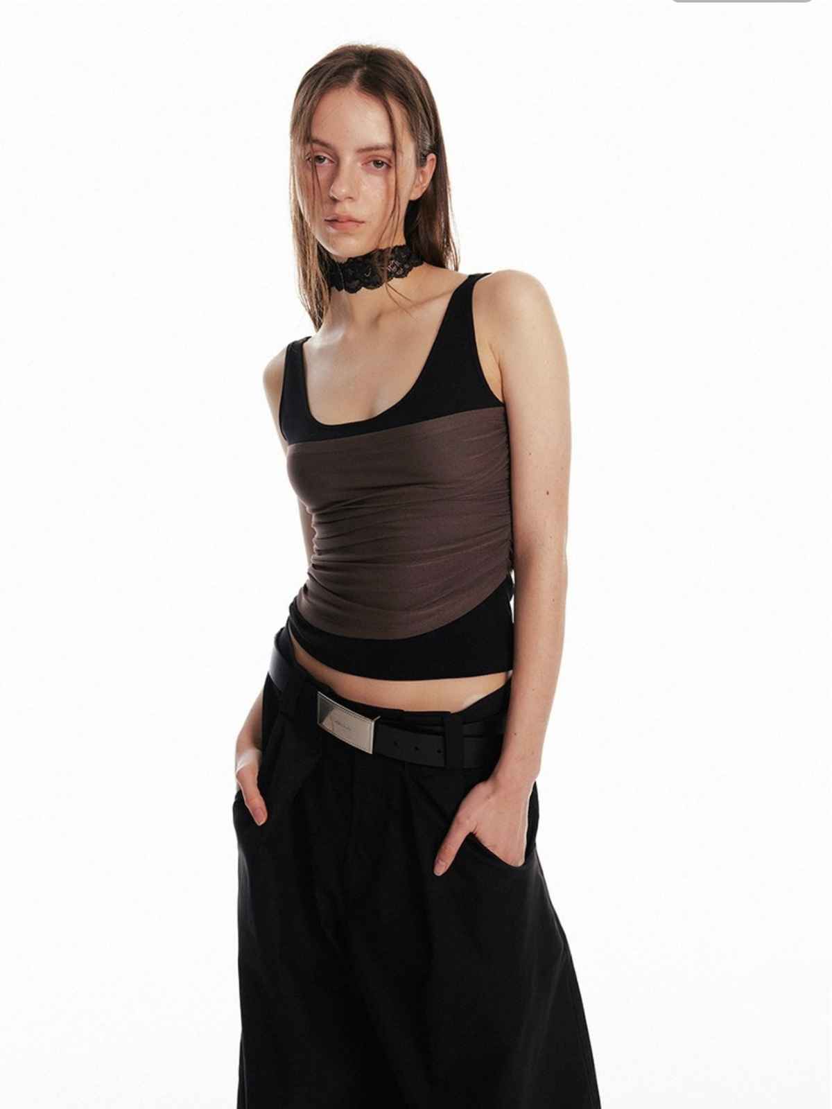Dolled Office Layered-look Contrast Color Tank - Brown/Black