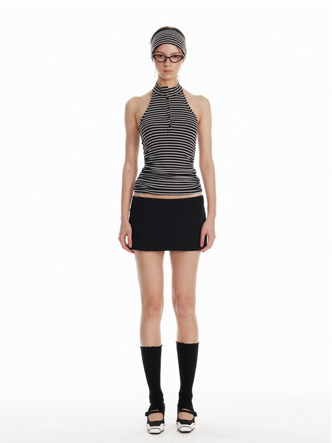 Dolled Office Halter Stripe Slim Fit Tank - Black/White