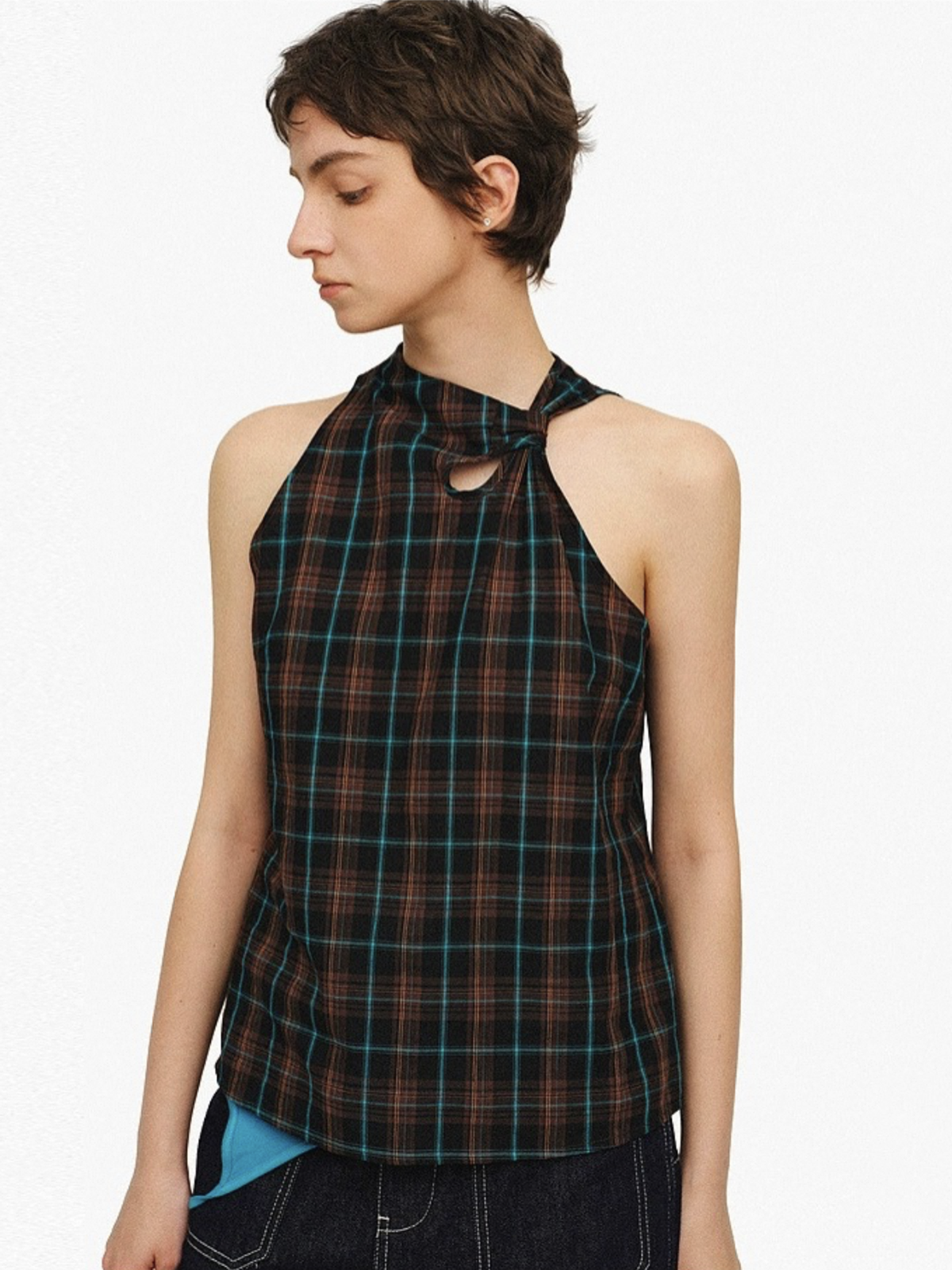 Dolled Office Cut-out Check Sleeveless Vest - Plaid