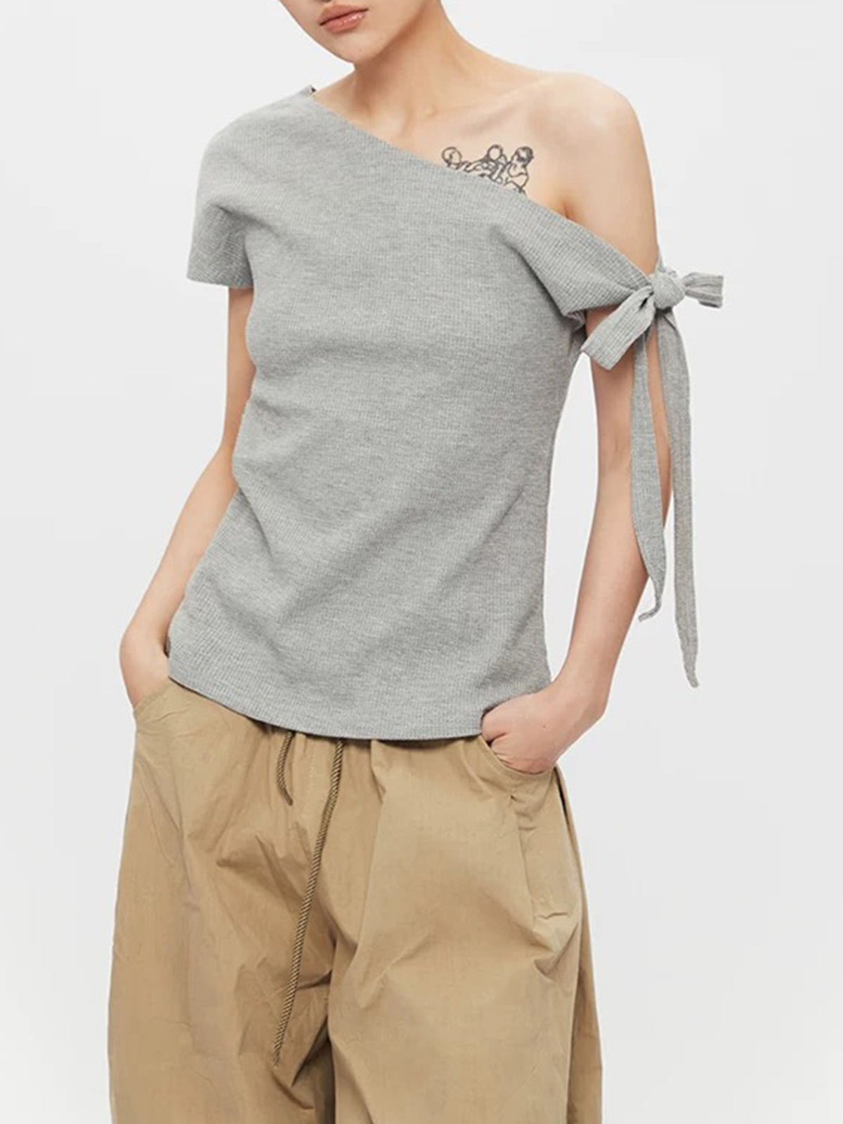 Brick Lane Asymmetric Bow Tie Off-Shoulder Top - Grey