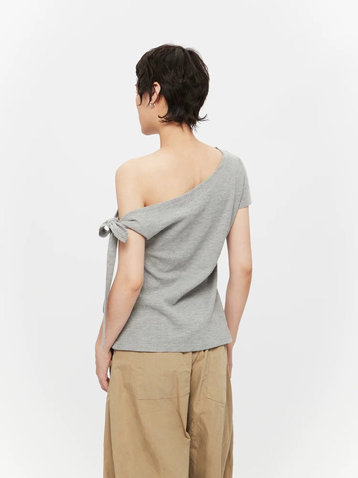 Brick Lane Asymmetric Bow Tie Off-Shoulder Top - Grey