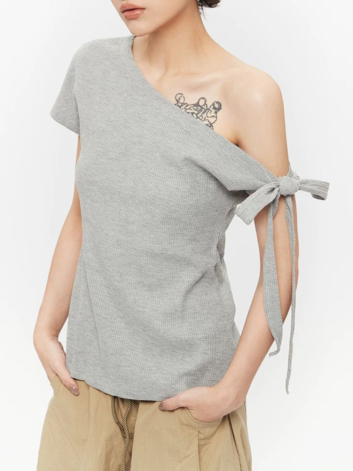 Brick Lane Asymmetric Bow Tie Off-Shoulder Top - Grey