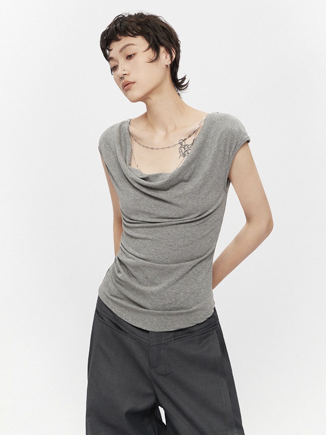Brick Lane Draped Cowl Neck Cap Sleeve Top - Grey
