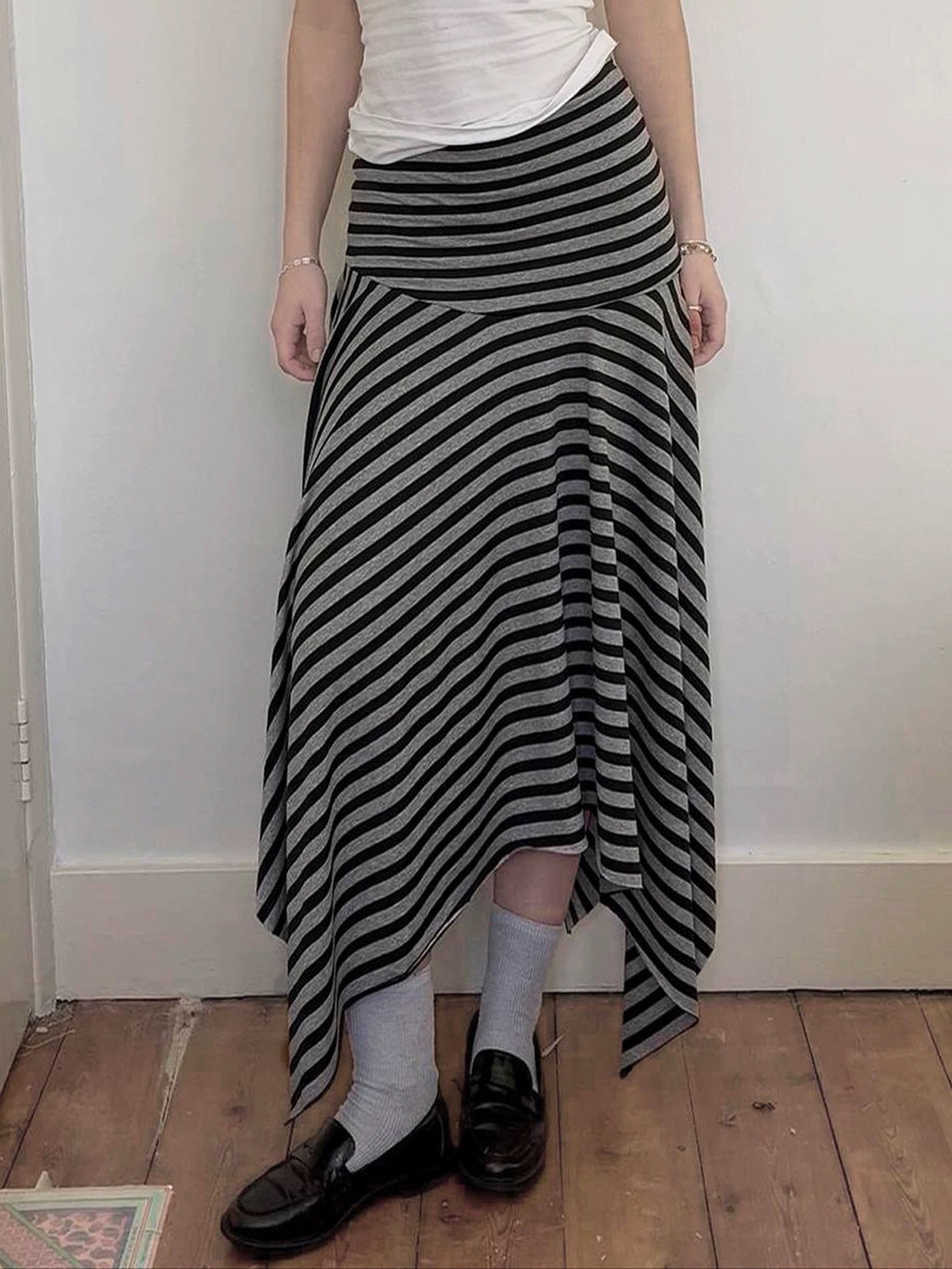 Brick Lane Asymmetric Stripe Hanky Hem Maxi Skirt - Mono