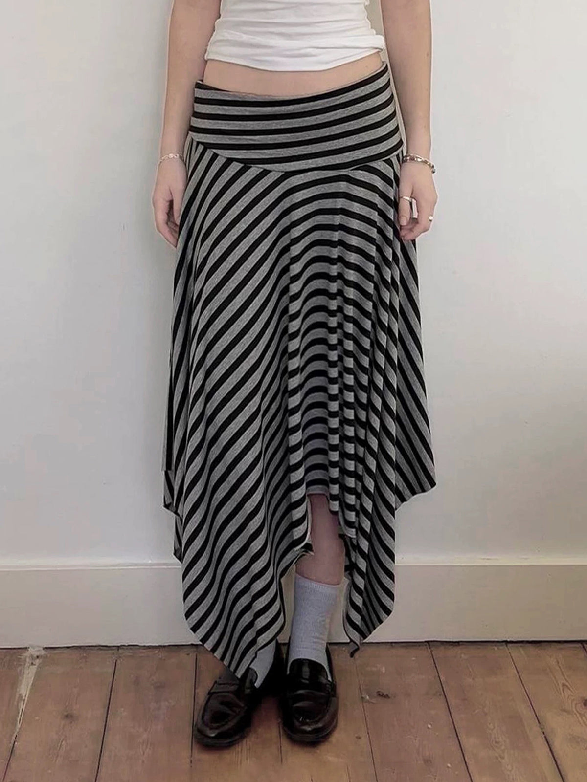 Brick Lane Asymmetric Stripe Hanky Hem Maxi Skirt - Mono