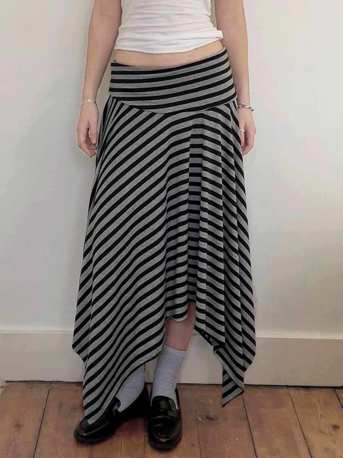 Brick Lane Asymmetric Stripe Hanky Hem Maxi Skirt - Mono
