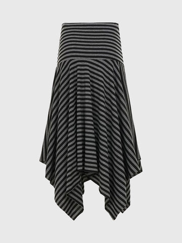Brick Lane Asymmetric Stripe Hanky Hem Maxi Skirt - Mono