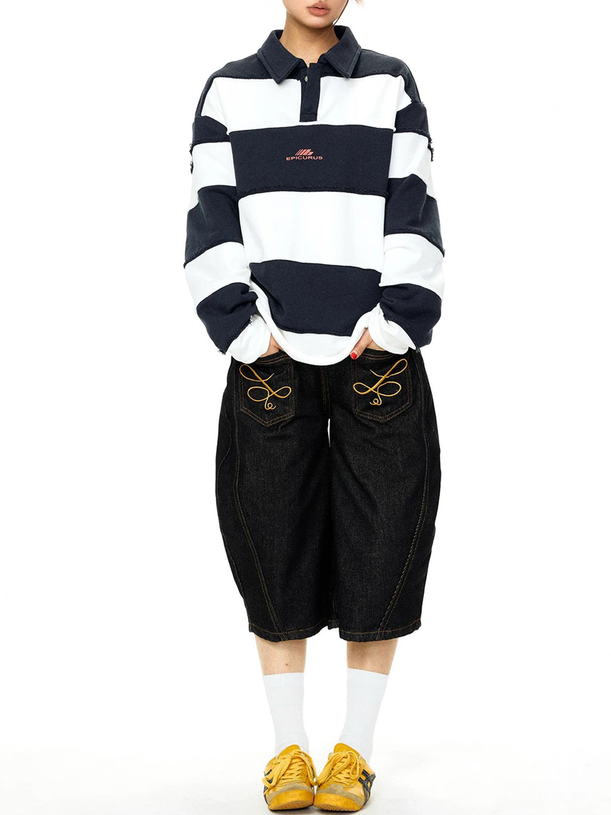 Co-ed Dorm Baggy Wide Stripe Rugby Polo - Navy
