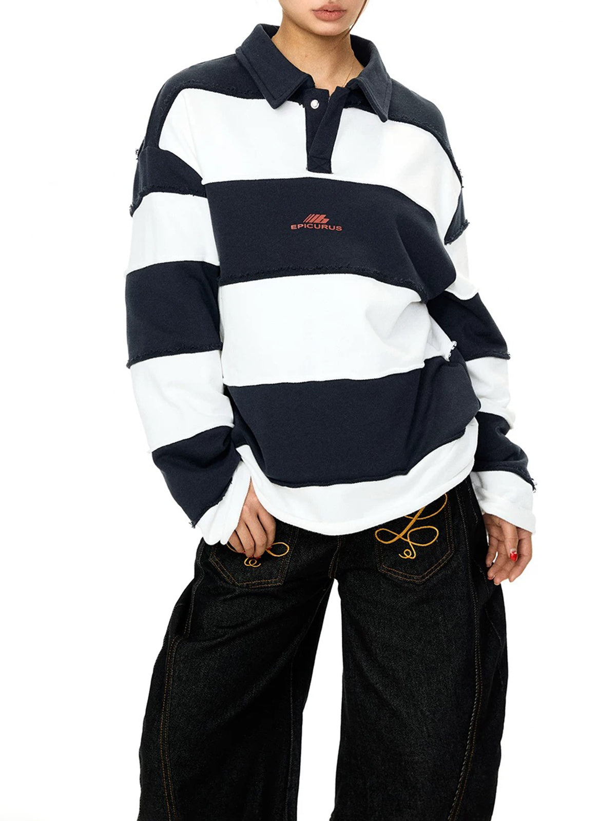 Co-ed Dorm Baggy Wide Stripe Rugby Polo - Navy