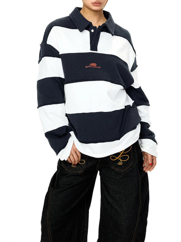 Co-ed Dorm Baggy Wide Stripe Rugby Polo - Navy