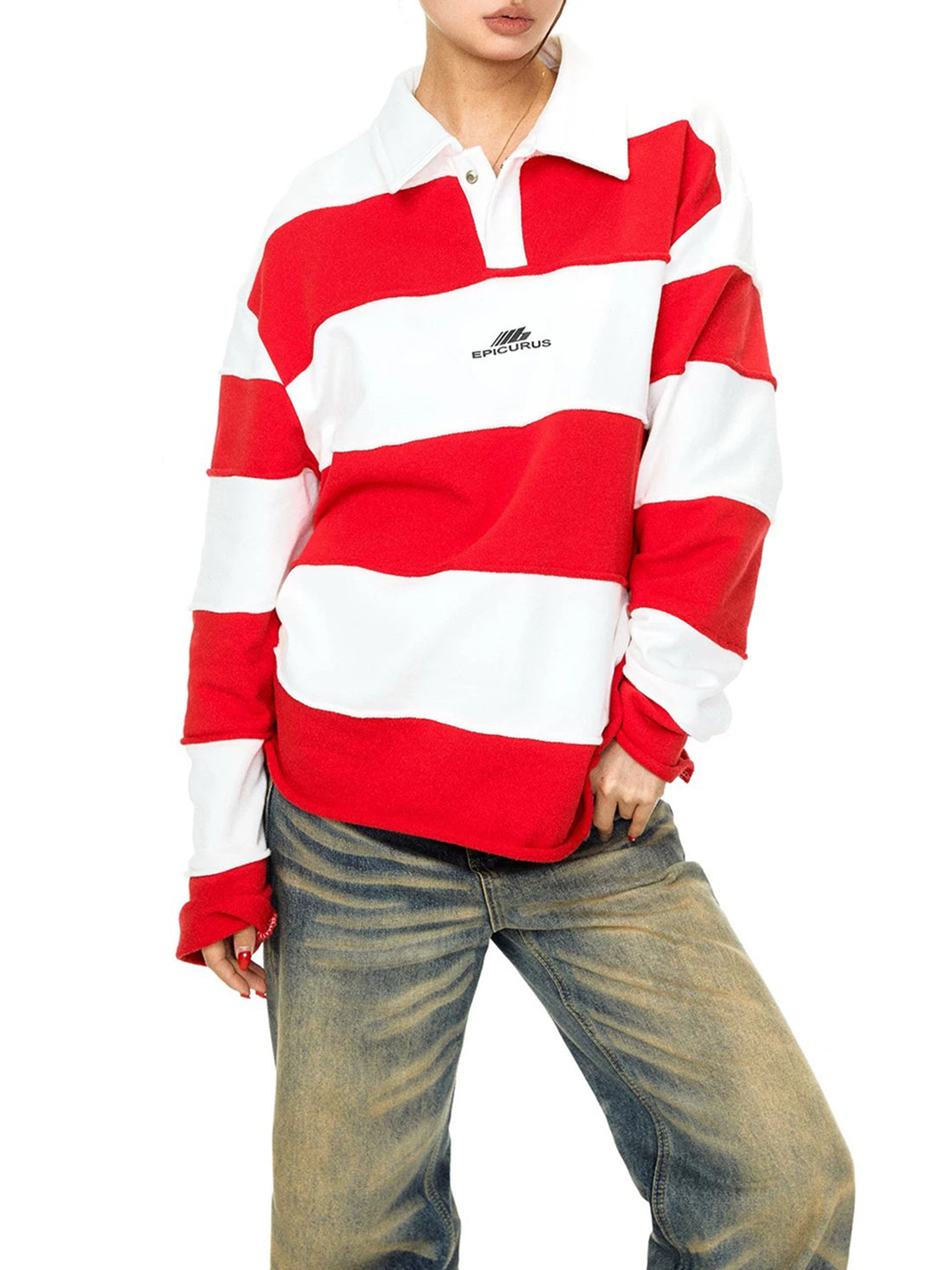 Co-ed Dorm Baggy Wide Stripe Rugby Polo - Red