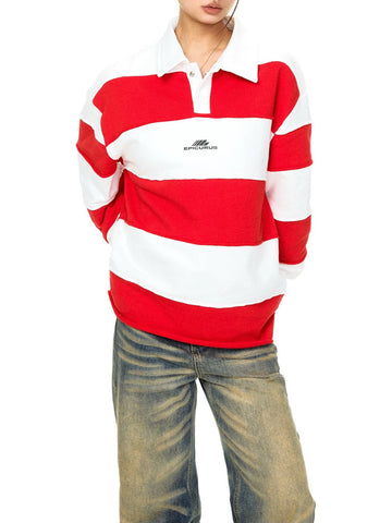 Co-ed Dorm Baggy Wide Stripe Rugby Polo - Red