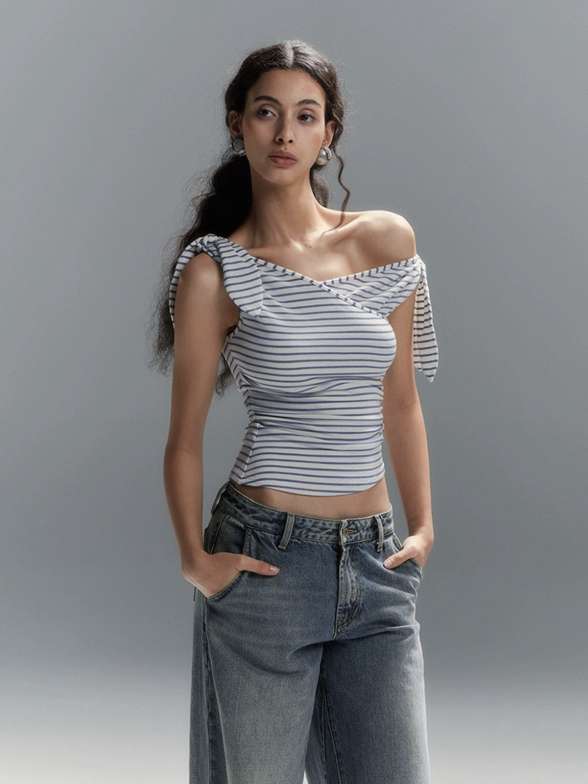 Dolled Office Asymmetric Stripe Off-Shoulder Top - Black/White