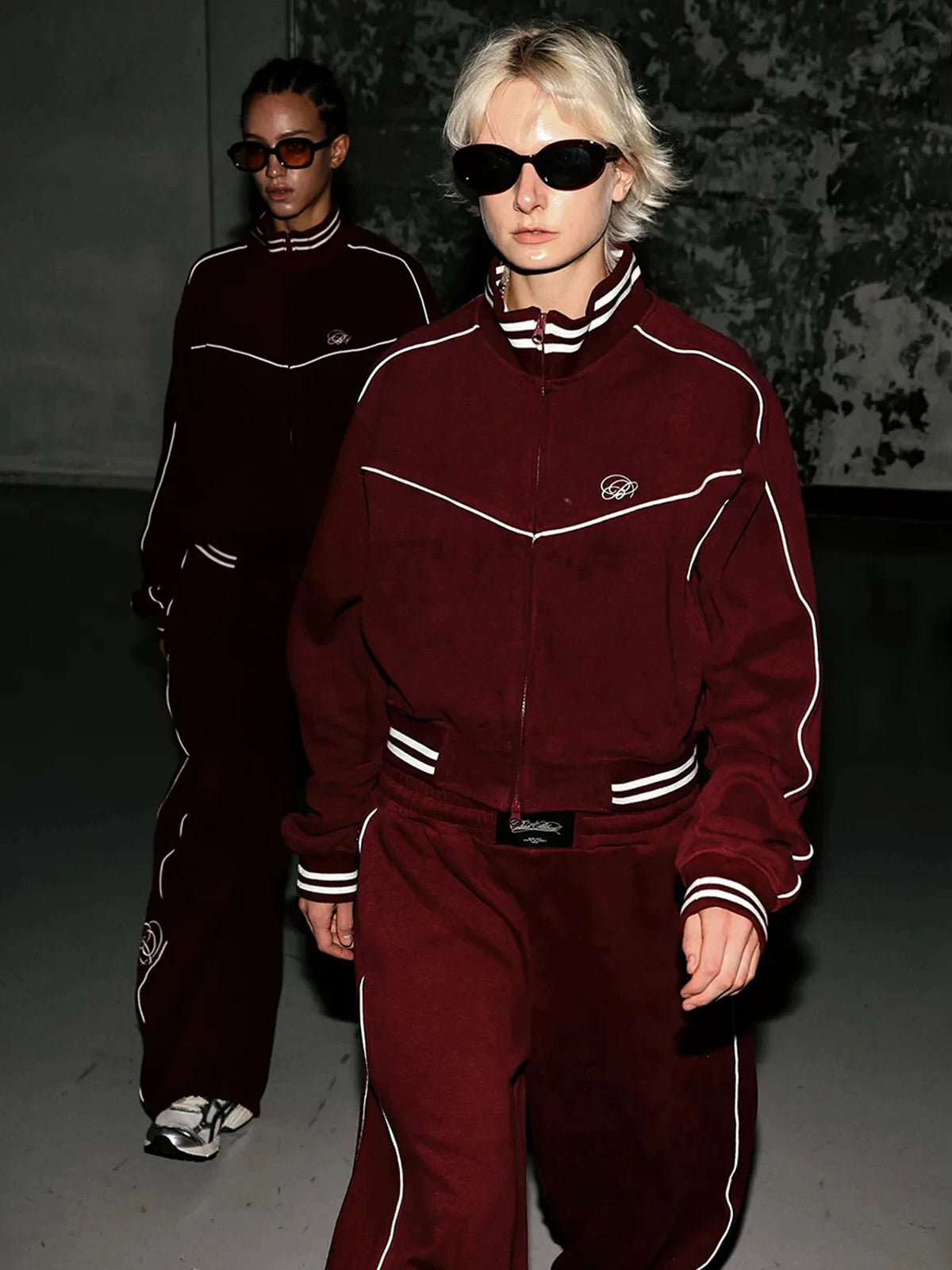 Co-ed Dorm Baggy Embroidered Stripe Track Jacket - Burgundy