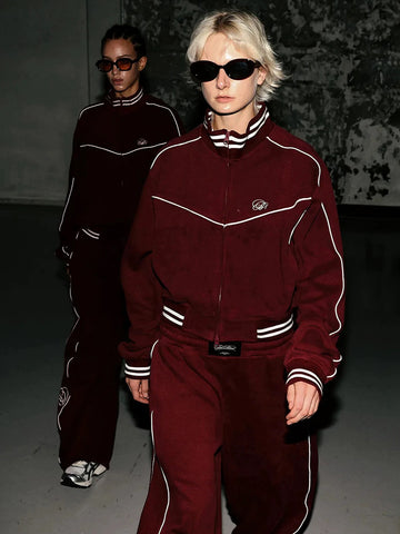 Co-ed Dorm Baggy Embroidered Stripe Track Jacket - Burgundy