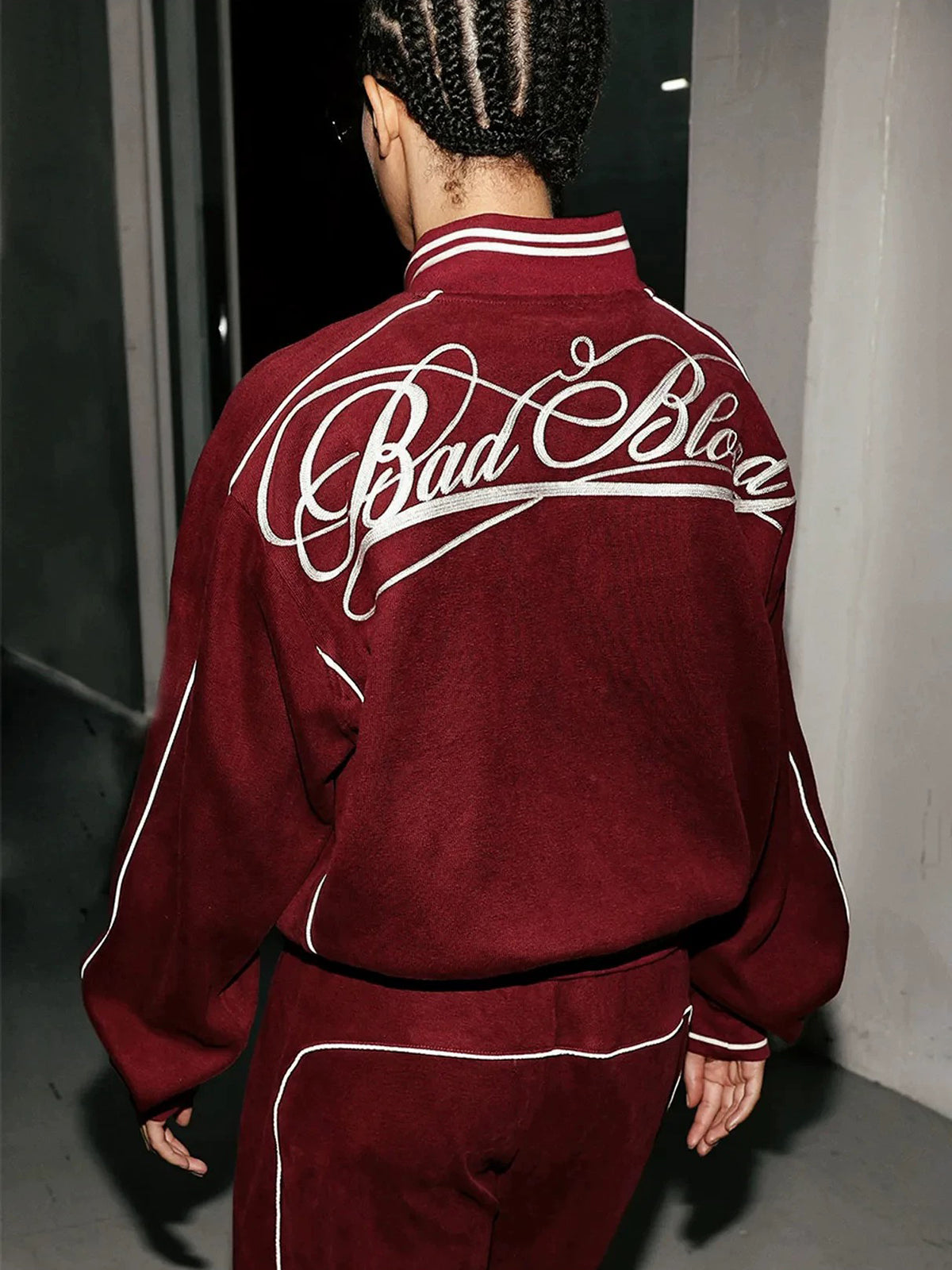 Co-ed Dorm Baggy Embroidered Stripe Track Jacket - Burgundy