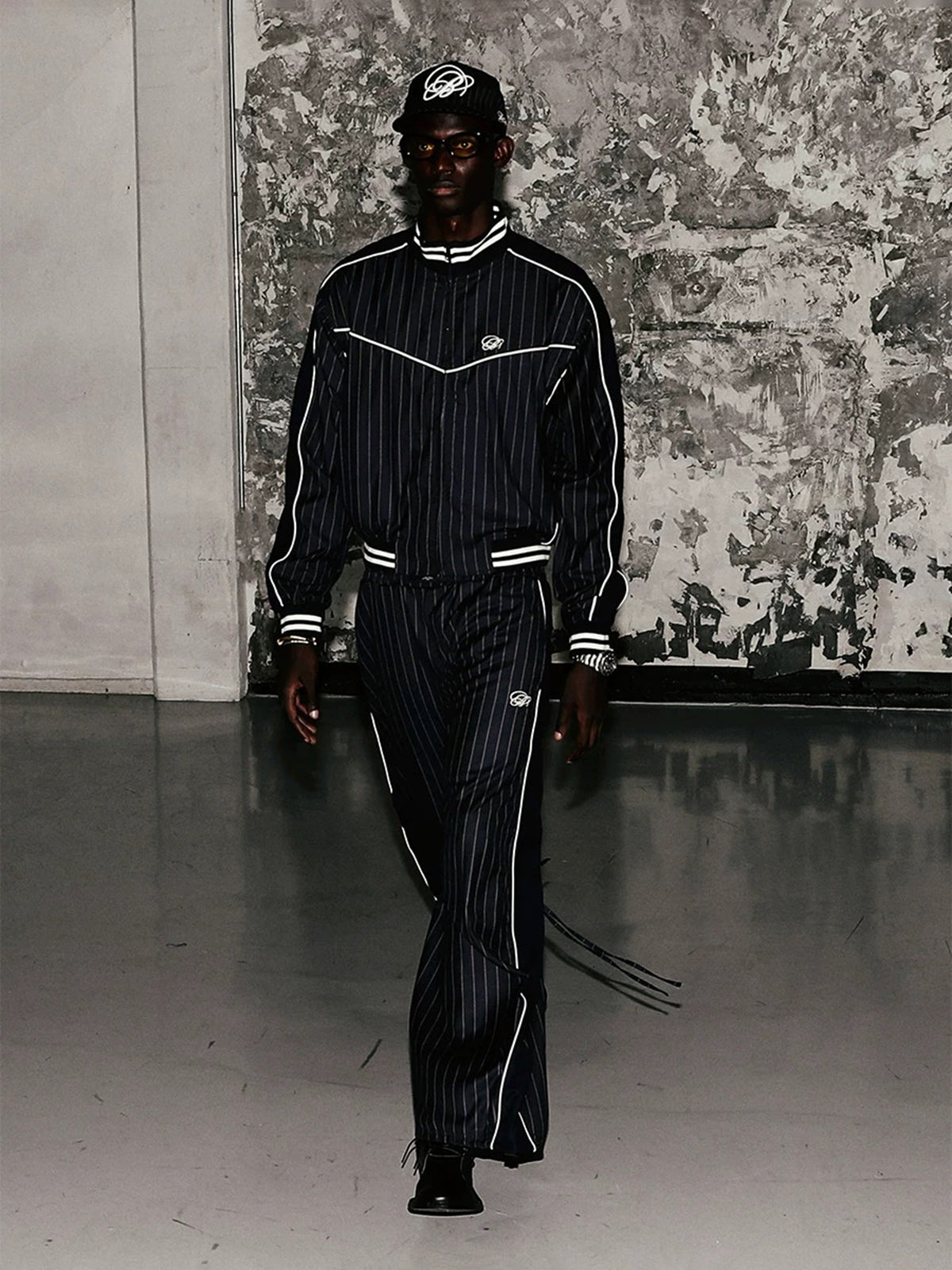 Co-ed Dorm Baggy Embroidered Stripe Track Jacket - Black