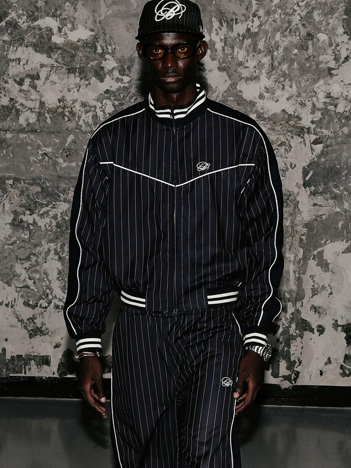 Co-ed Dorm Baggy Embroidered Stripe Track Jacket - Black