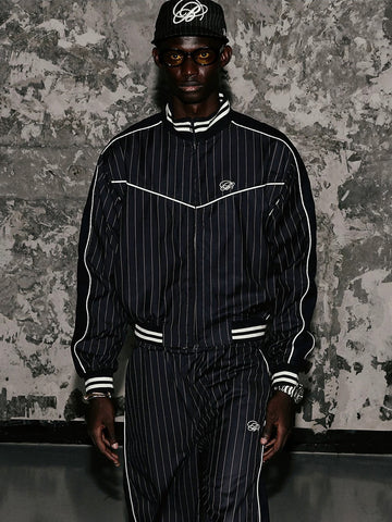 Co-ed Dorm Baggy Embroidered Stripe Track Jacket - Black