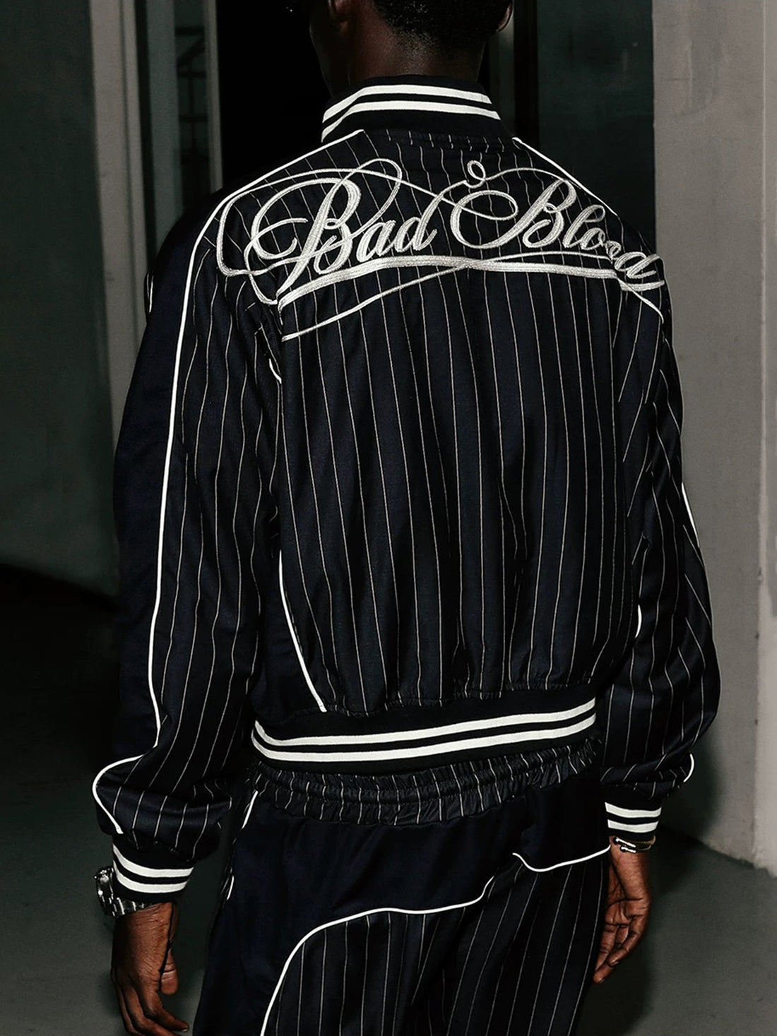 Co-ed Dorm Baggy Embroidered Stripe Track Jacket - Black