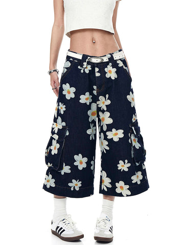 Brick Lane Wide-leg Floral Print Cargo Culottes - Navy