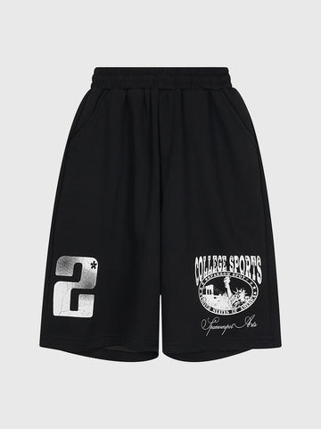 Co-ed Dorm Baggy Graphic Print Sweat Shorts - Black