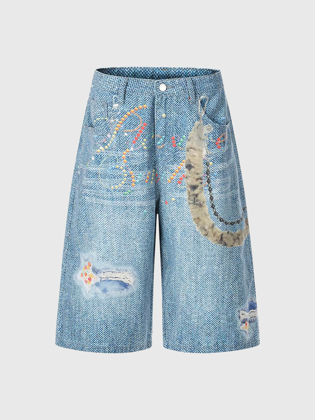 Co-ed Dorm Straight Graphic Print Denim Shorts - Light Blue