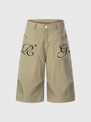 Co-ed Dorm Straight Letter Print Casual Shorts - Khaki