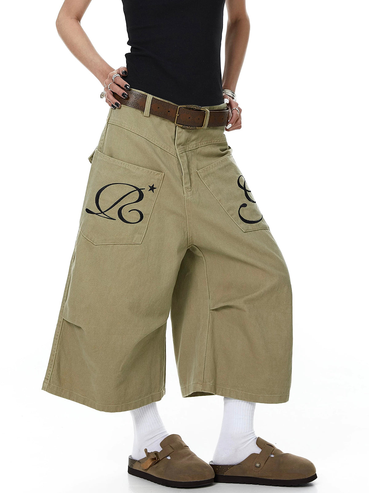 Co-ed Dorm Straight Letter Print Casual Shorts - Khaki