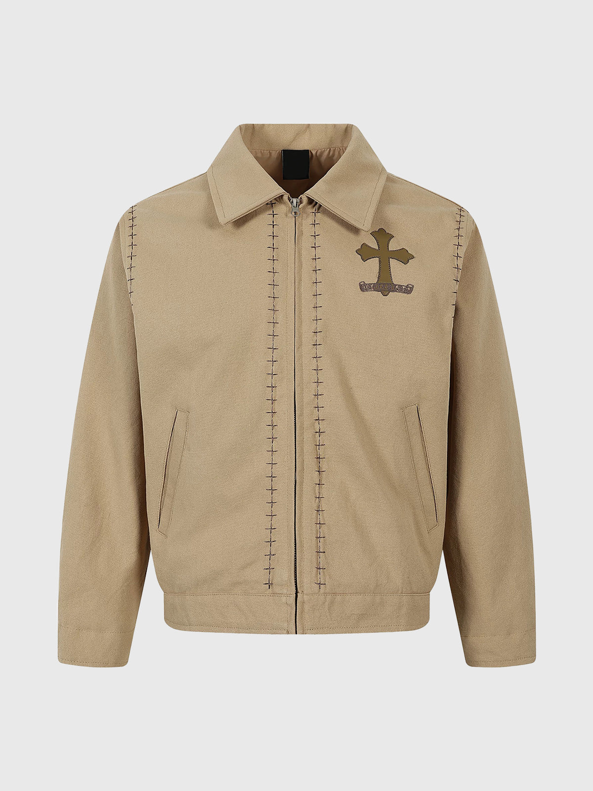 Co-ed Dorm Baggy Cross Embroidered Canvas Jacket - Tan